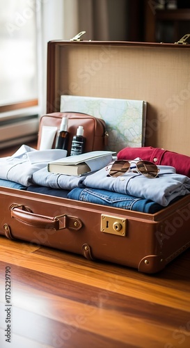 Open Suitcase Packed with Clothes Ready for Travel.