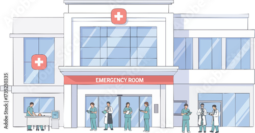 A hospital exterior with medical personnel outside the emergency room entrance