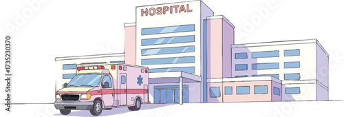 A hospital stands with an ambulance parked outside the entrance