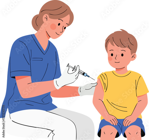 Vector of a nurse vaccinating a child both with calm expressions