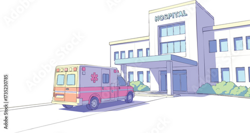 Vector style Ambulance at a hospital light colors simple illustrative scene