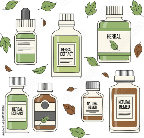 Illustration of herbal remedies bottles of extract and natural remed surround green and brown leaves on a white background