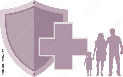 Image shows a shield medical cross  a family silhouette all in muted mauve tones against a white backdrop