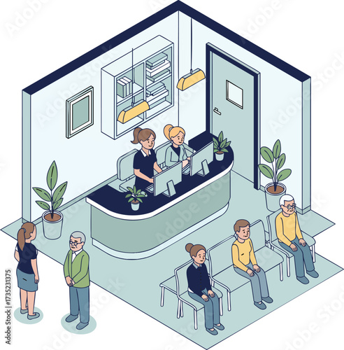 Isometric waiting room scene featuring staff behind a desk and waiting patients