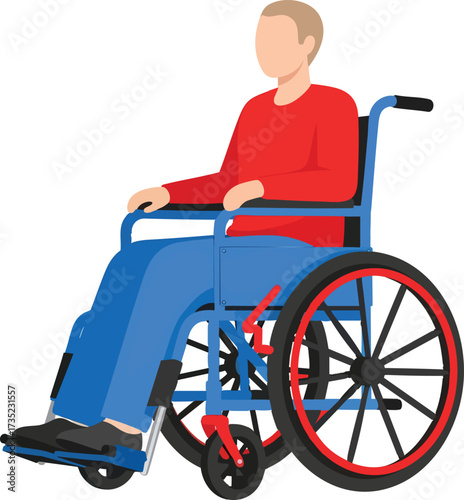 Person sits in a blue wheelchair with red accents wearing a red shirt and blue pants