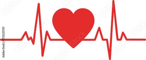 Red heart inside a red electrocardiogram line showing heartbeat rhythm