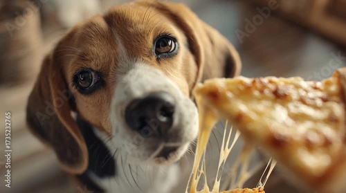Beagle dog staring at slice of pizza with melted cheese