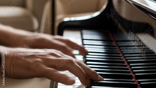 Close up of hands playing a grand piano with focus on the keys.