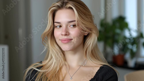 Young woman with long blonde hair smiling in a bright room