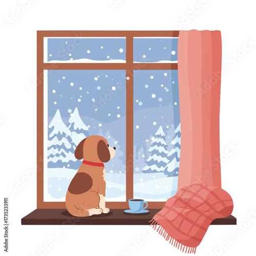 A charming flat 2D vector shows a cute dog by a window, observing a tranquil winter scene with snow-covered trees and gentle snowfall, with a warm blanket nearby.
