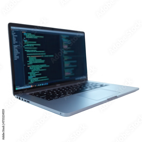 Laptop computer displaying lines of code with a glowing screen against a stark black background, suggesting work, technology, and digital data, a study in modern devices, highlighting a concept of...