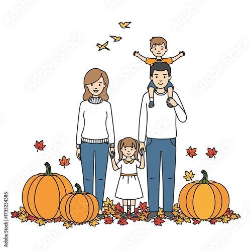 Happy family autumn fun at pumpkin patch celebrating fall harvest season outdoors