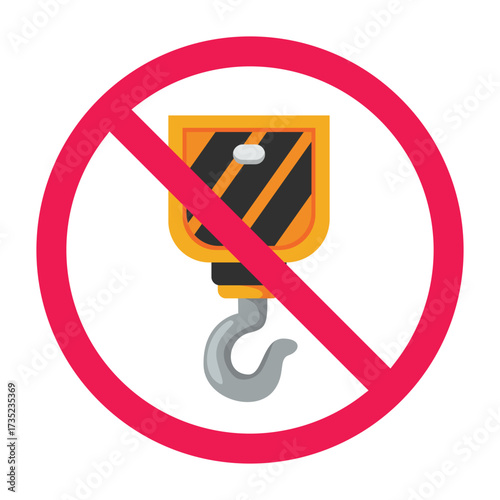 Forbidden sign with chain hoist icon, no pulley hoist sign, no chain lift symbol, red crossed circle symbol, flat vector illustration