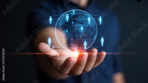 Global network of people connected across the world held in an open hand, symbolizing connection, collaboration, and unity.