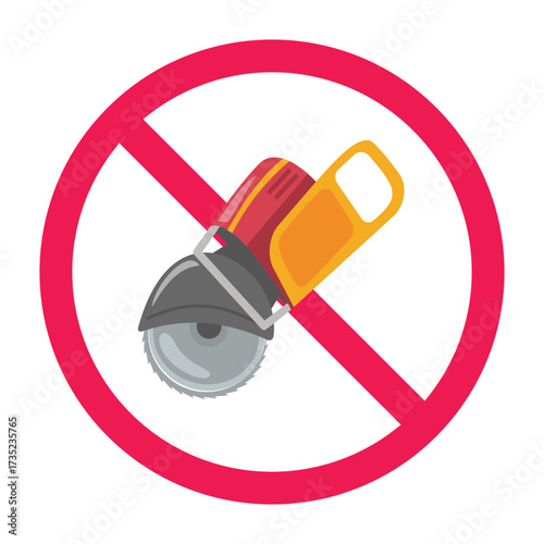 No cutting machine saw sign, forbidden sign with concrete saw icon, common mistakes in concrete cutting and how to avoid them, red crossed circle symbol, flat vector illustration
