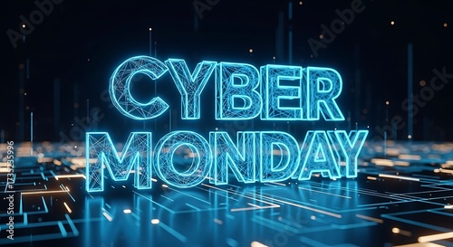 Cyber Monday Neon Sign on Futuristic Circuit Board Background.