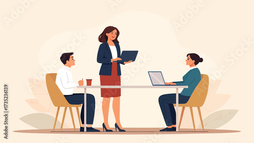 Business meeting with colleagues discussing work and project strategy in office
