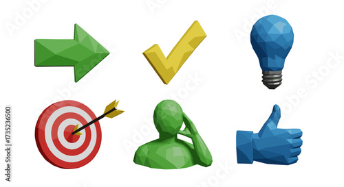 Collection of six stylized icons including arrow target and lightbulb