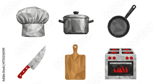Low poly kitchen utensils including a hat, pot, pan, knife and stove
