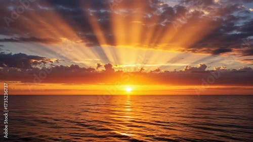 Dramatic sunset over the ocean with sun rays bursting through clouds