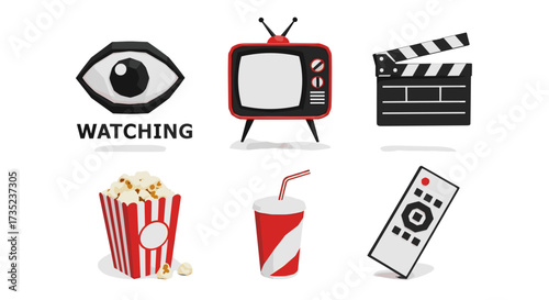 A collection of movie night icons including tv popcorn and film clapper