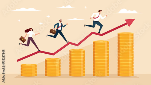 Business people running on growth chart with coins and arrow symbol of financial success
