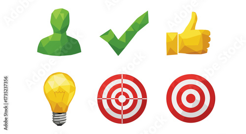 Illustration of green person, check mark, thumbs up, lightbulb, and targets