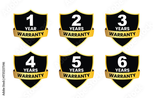 Set of 1 to 6 Year Warranty Badges – Gold and Black Shield Icons for Product Guarantee or Service Coverage