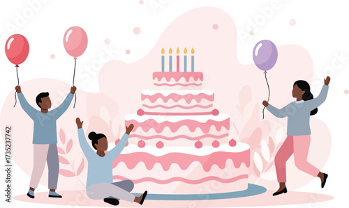 Excited birthday celebration with friends isolated on white background