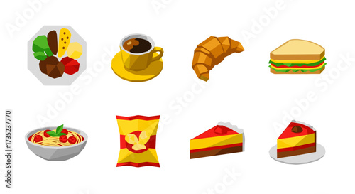 Illustration of eight different food items including sweets and meals