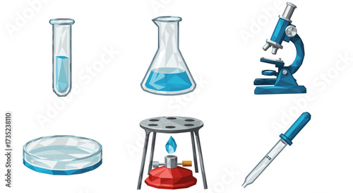 Illustration of laboratory equipment including microscope and glassware