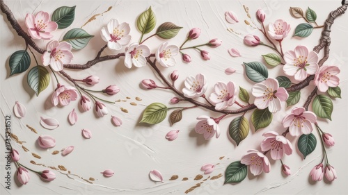 Bas relief sculpture of delicate pink and white cherry blossoms on twisting branches with green leaves, symbolizing springtime