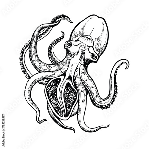 Anatomical Stipple Illustration of an Octopus with Cutaway of Inner Structure