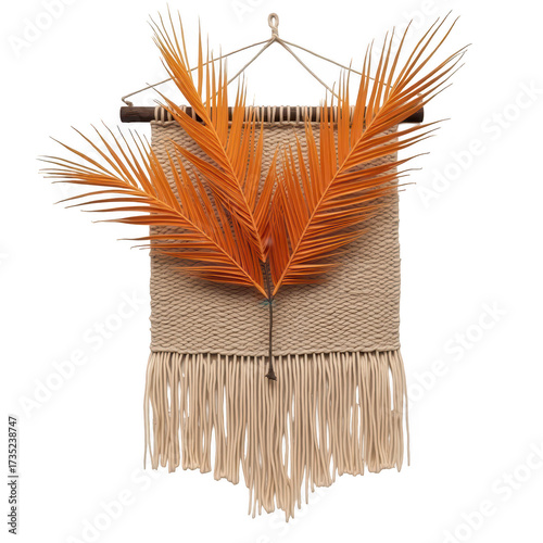 Woven textile art piece features a rectangular cream-colored backdrop with a fringed lower edge, complemented by decorative orange leaf branches centered upon a dark background.