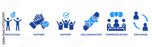 working together icon set illustration concept with icon of collaboration, reach goals, team spirit, support, communication, exchange
