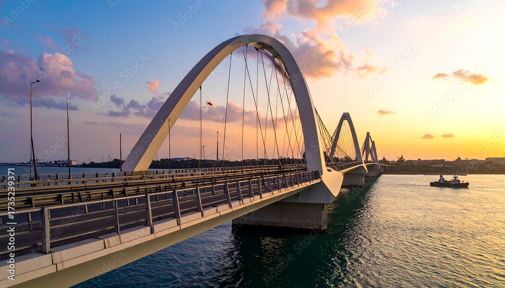 Obraz premium A contemporary arched bridge at golden hour
