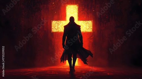 Man Silhouette Facing Glowing Red Cross in Dark Fantasy Scene