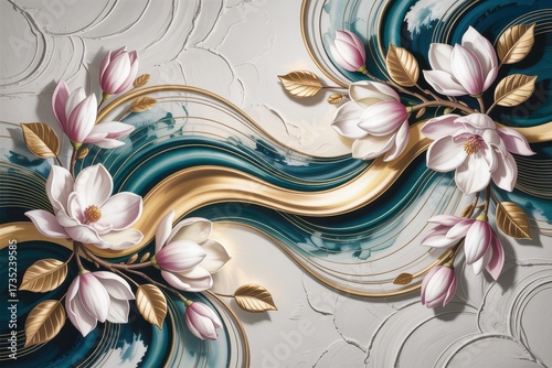 Luxurious abstract background featuring beautiful 3D magnolia blossoms, flowing gold waves, and deep teal marble