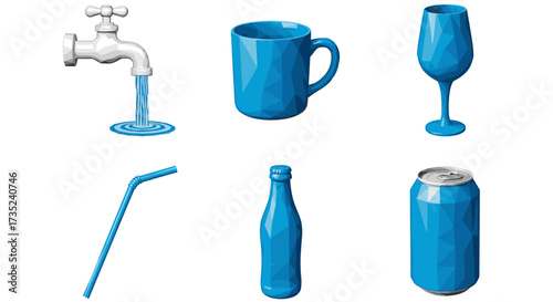Illustration of various drinking vessels and a faucet with running water