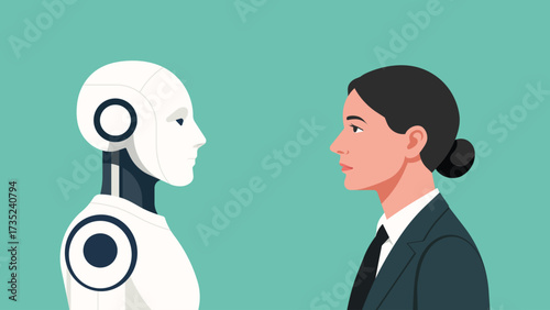 Businesswoman facing humanoid robot, symbol of technology and future work, human and machine relationship, innovation and modern society concept. Flat vector illustration
