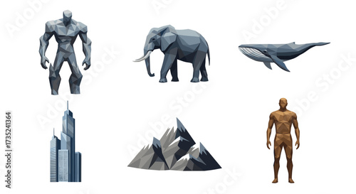 Illustration showing low poly figures of animals, people and buildings