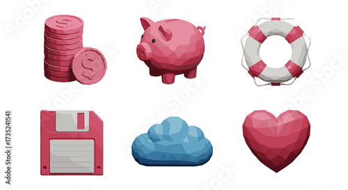 Isometric icons showing money piggy bank lifesaver floppy disk cloud heart