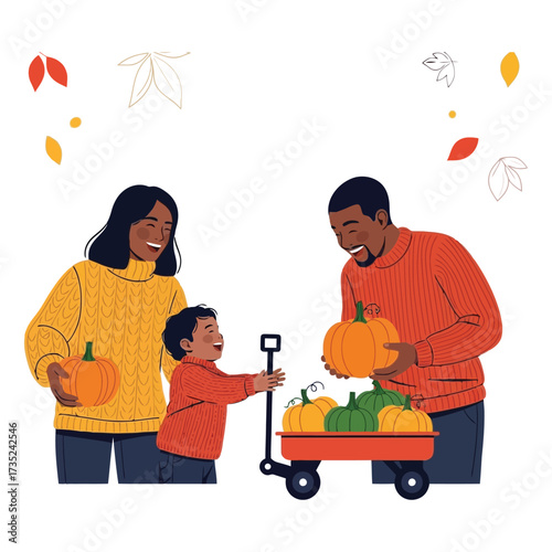 Happy family chooses pumpkins together at autumn patch fun seasonal activity