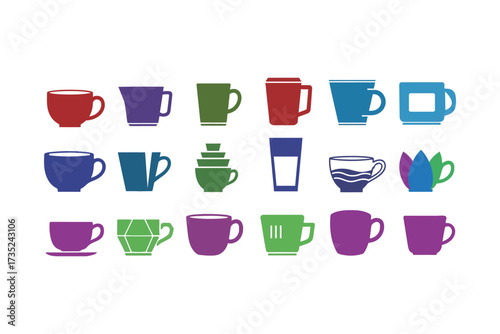 Collection of diverse colorful ceramic mugs and cups for beverages