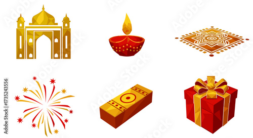 Illustration of diwali elements including diya, rangoli, and gift box