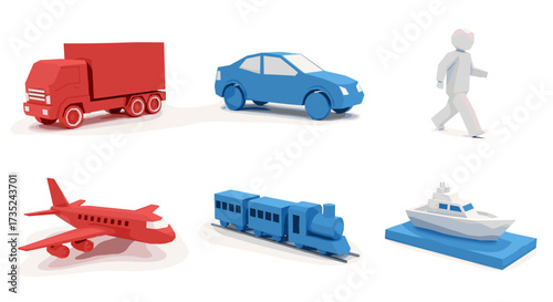 A collection of low poly transportation vehicles and a walking person