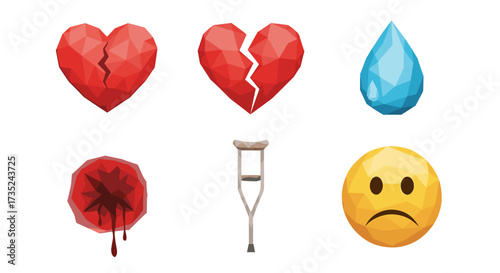 Illustration showing broken hearts tear drop blood crutch and sad emoji face