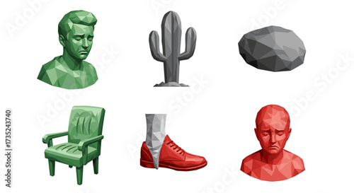 A collection of low poly objects including people and inanimate objects