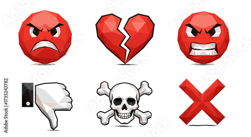 Illustration of angry faces broken heart dislike skull and crossbones x mark