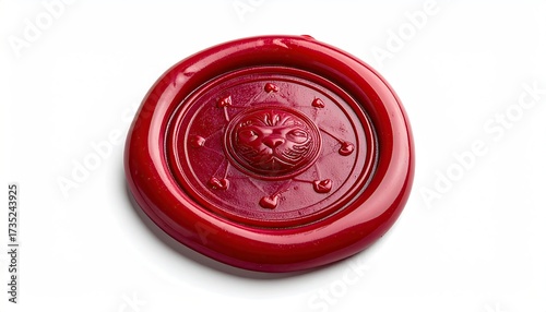 Deep Red Wax Seal with Intricate Circular Design on White Background Macro Photography